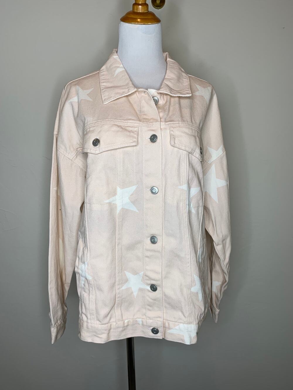 NWT Dress Up Pale Peach White Star Pattern Jean Jacket Sz Large Cotton